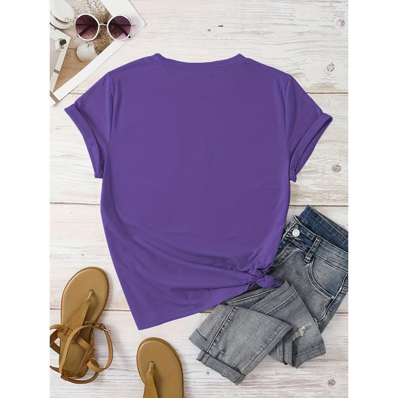 Smile Face Print Casual T-Shirt, Round Neck Short Sleeve Elastic Comfortable Sport T-Shirt, Women'S Blouse
