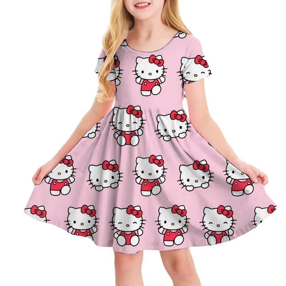 Hello Kitty Printed Children T Shirt Dresses Kuromi My Melody Girls Casual Dress Kids Cute Kitty Clothes for 1-10Y Summer Comfy