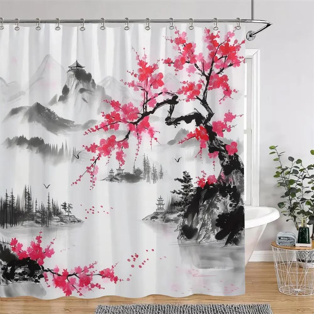 Chinese Japanese Cherry Blossom Ink Painting Shower Curtain Landscape Waves Art Creative Polyester Bath Curtains Bathroom Decor