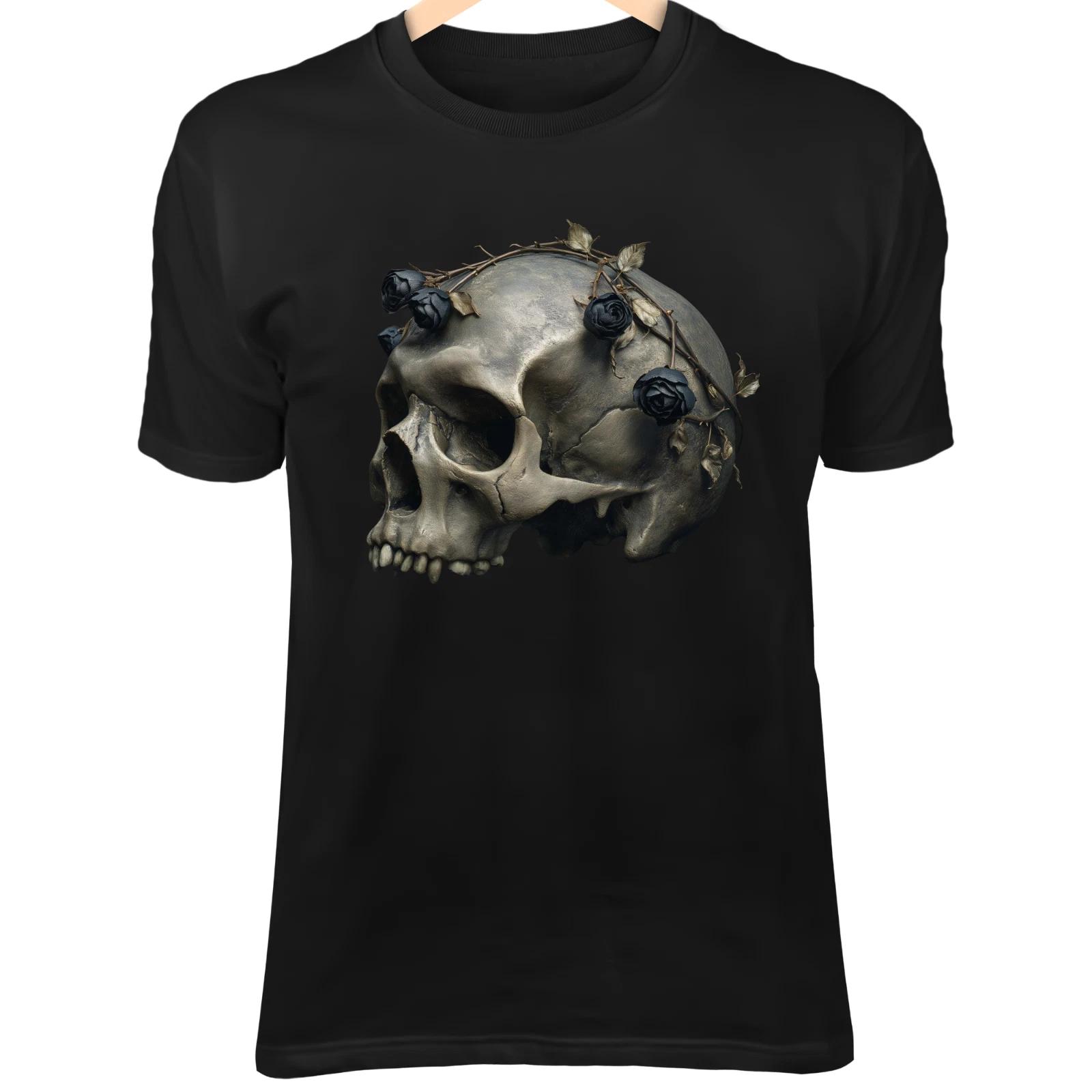 Skull with Black Roses III T-Shirt – Floral Decay, Dark Romantic Style 2XL