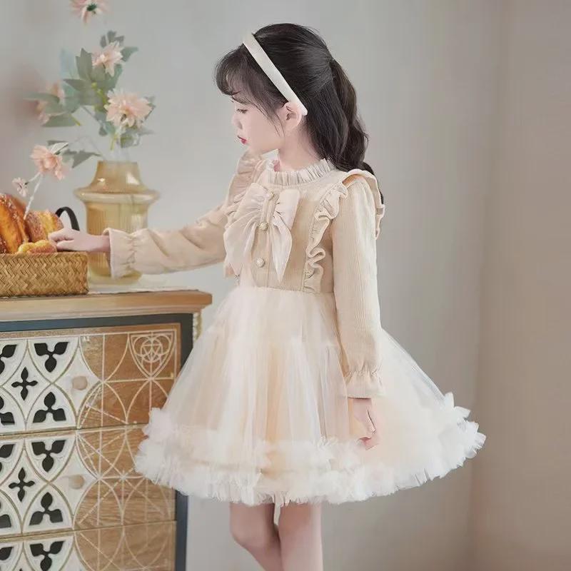 2024 Autumn/Winter Girls’ Long-Sleeved Bow Dress - Trendy, Sweet First Birthday Cake Design