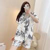 Pajamas Women'S Short-Sleeved Shorts Lapel Cardigan Cool Ice Silk Loungewear Antique Ink Painting Two-Piece Set