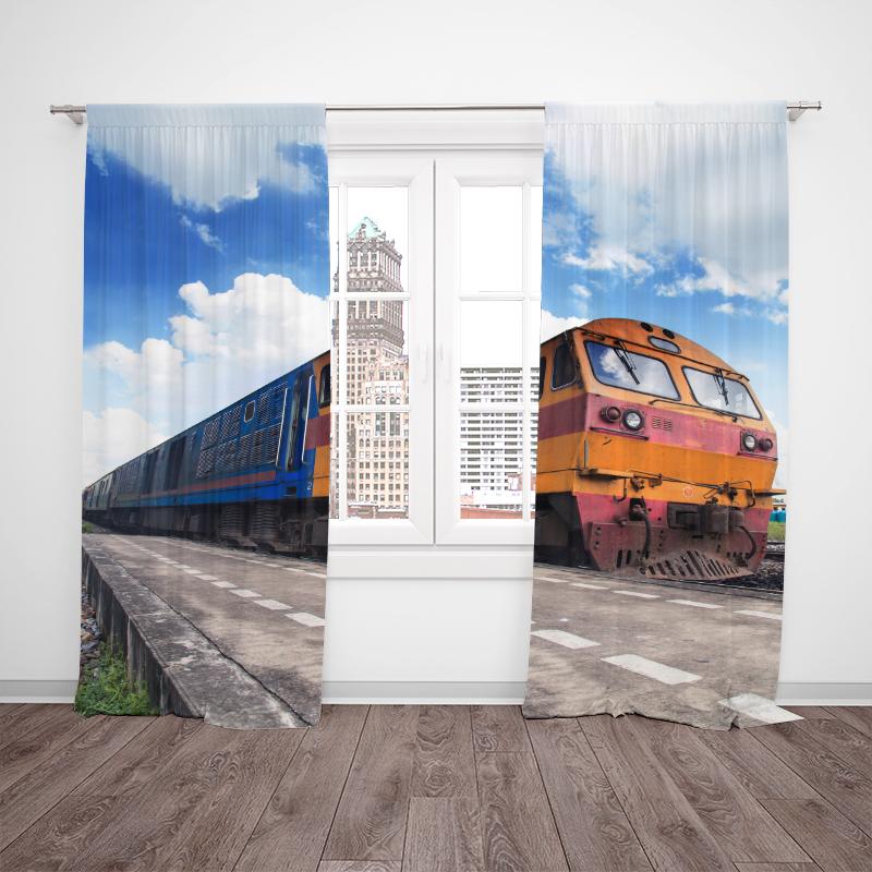 Tåg under blå himmel - HD-tryckta gardiner - Polyester - Lämpliga för sovrum, vardagsrum, arbetsrum (anpassningsbar)