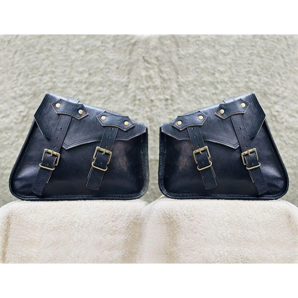 2 Bag SET Royal Enfield Leather Saddle Pannier Bags Black 2 Bags