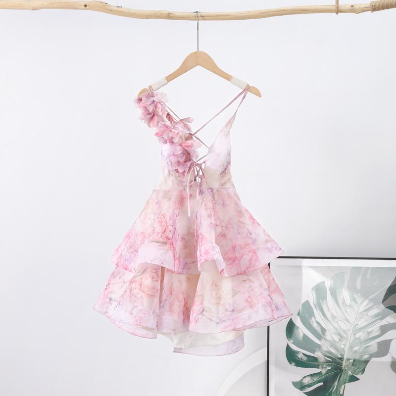 

Платье-халтер с 3D-цветами и шнуровкой, женское, с принтом, многослойное, с открытой спиной, глубоким V-образным вырезом, плиссированное, пышное, модное женское летнее пляжное платье S розовый