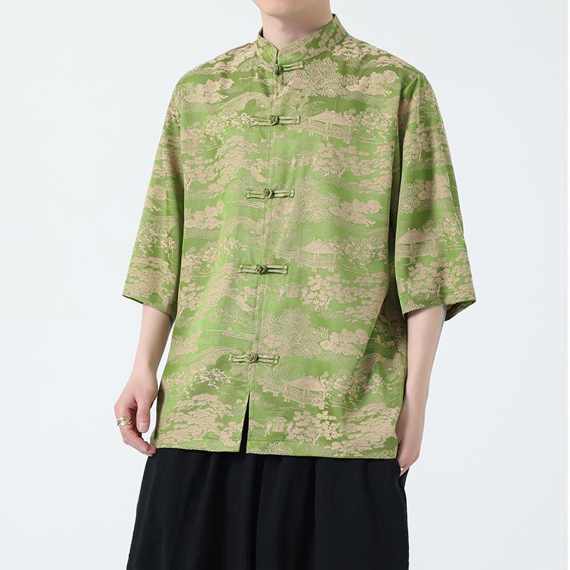 2025 Summer Ice Silk Short-Sleeved Shirt Men Chinese Style Tang Suit Jacquard Robe Youth Retro Men's Shirt Casual Tops