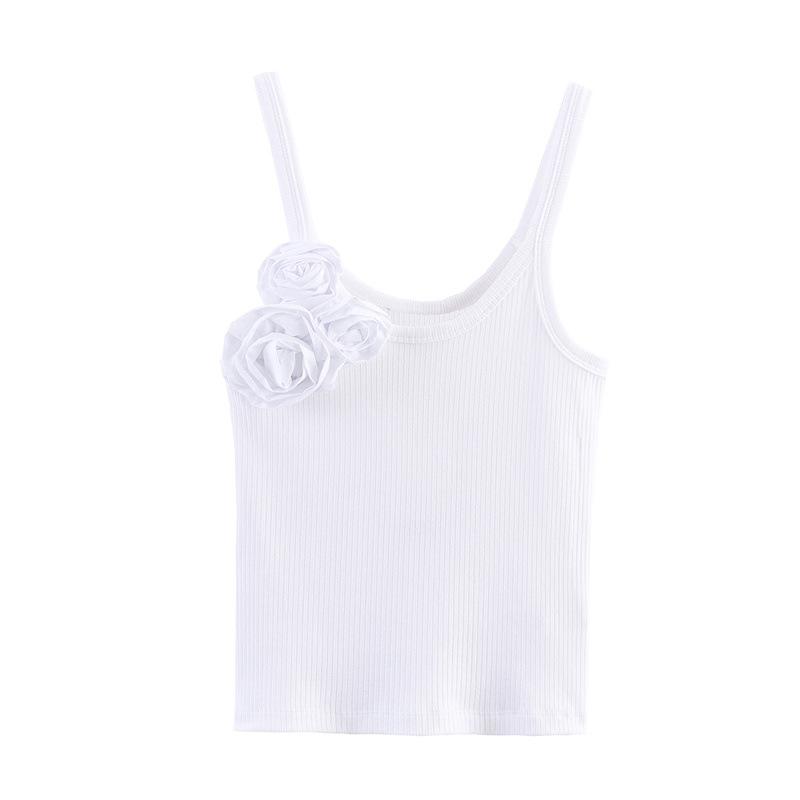 Women s Scoop Neck Sleeveless Crop Top Slim Fit Streetwear Ribbed Knit Camisole With 3D Floral Decoration S