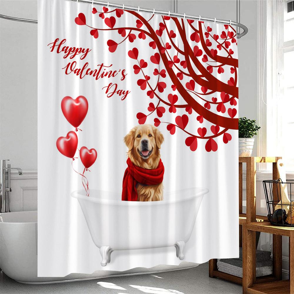 Valentine's Day Shower Curtains Cute Animals Highland Cattle Pig Flamingo Elf Heart Red Rose Bath Curtain Fabric Bathroom Decor