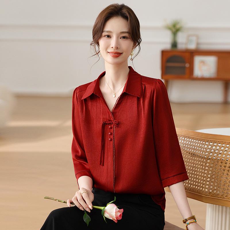 

In Stock Noble Lady Summer Attire: Mother & Mother-in-law Wedding 3/4 Sleeve Shirt for Middle-aged & Elderly 2XL (110-120 kg) красный