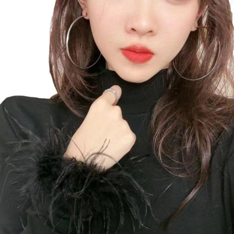 Velvet Slim Fit High Neck Patchwork Furry Cuff Long Sleeve White Top - 2024 Fashion Collection