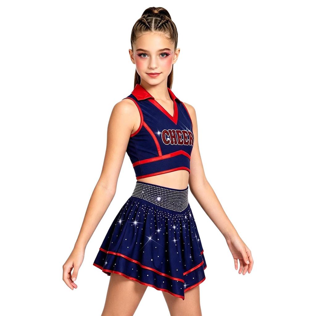 Kids Cheerleading Competition Wear V Neck Crop Top Rhinestone Trim Sleeveless with Built-in Shorts and Asymmetrical Ruffled Skirt