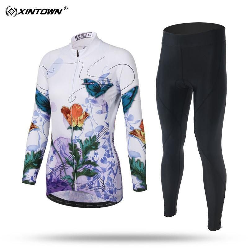Womens Cycling Jersey Set Long Sleeve Breathable Bike Riding Outfit Sportswear