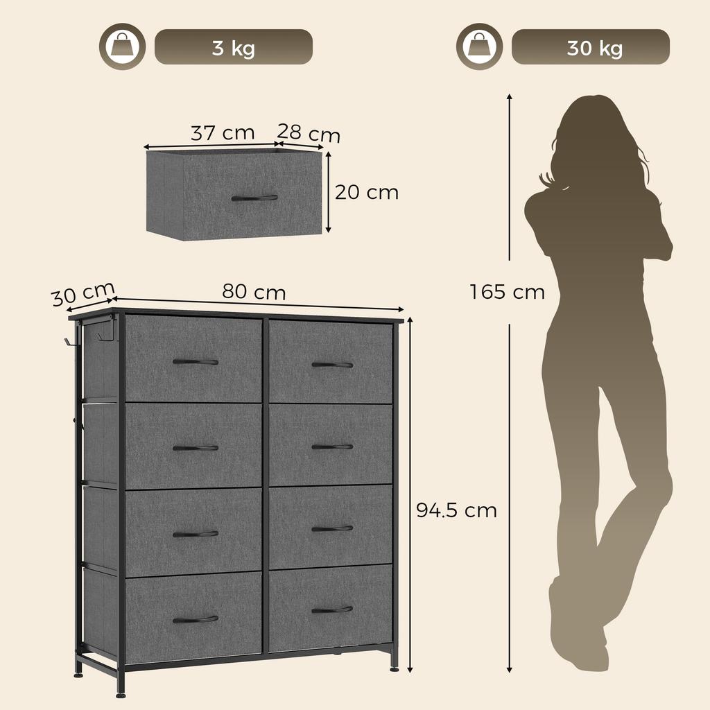 Chest of Drawers, Dresser for Bedroom with 8 Fabric Drawers, Tall Storage Unit w/ Side Storage Bag, Grey