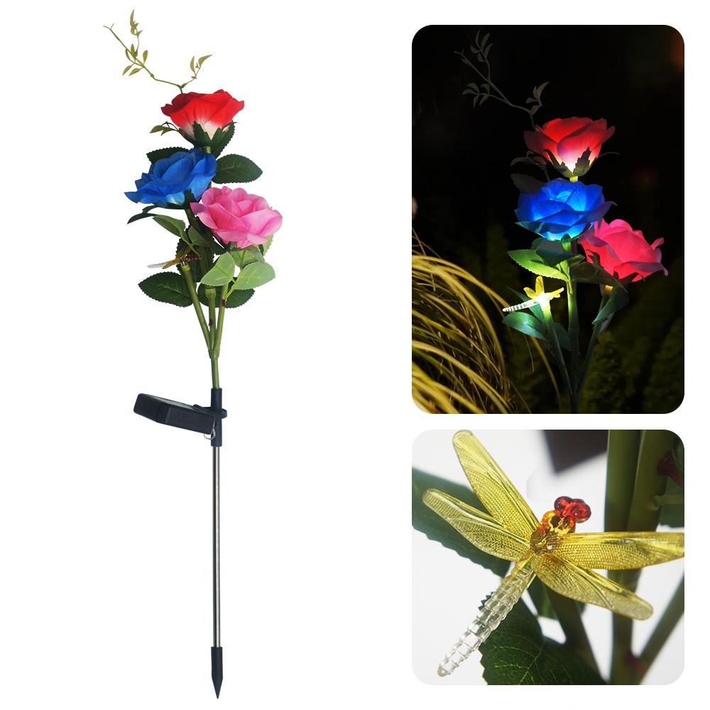 Solar Garden Lights Solar Rose Flower with Butterfly and Dragonfly Waterproof Garden Decoration for Yard Patio Stake Lamp
