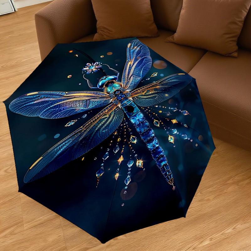 1PC Dragonfly Glitter Automatic Open/Close Umbrella with Windproof, 8-Rib Sturdy Canopy, Durable Ribs, Fashionable Design, Outdoor Accessory, Fun Prin