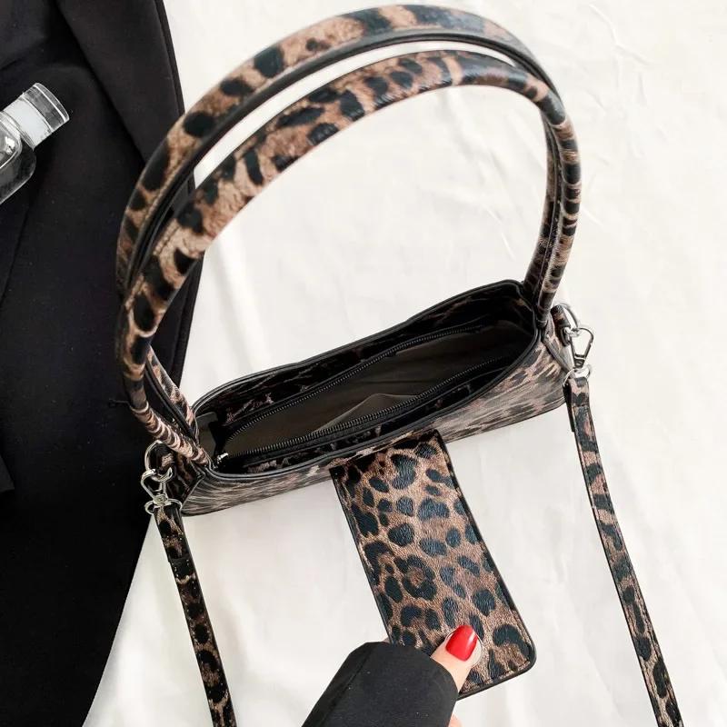 Fransk Stil Underarmsveske for Kvinner Brun Svart Leopard Håndveske Clutchveske Dame Vintage PU Lær Crossbody Vesker Allsidig