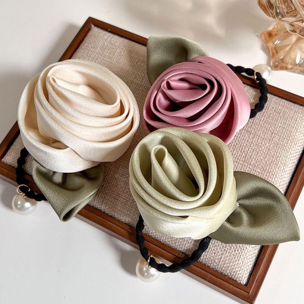 Flower Silk Satin Hair Rope Peal Elastic Hair Band Elegant Rose Hair Rope  Women Hair Accessories