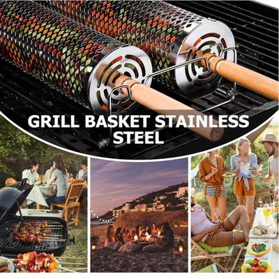 2Pcs Rolling Grilling Baskets BBQ Basket Cage Stainless Steel for Outdoor Grill Accessories