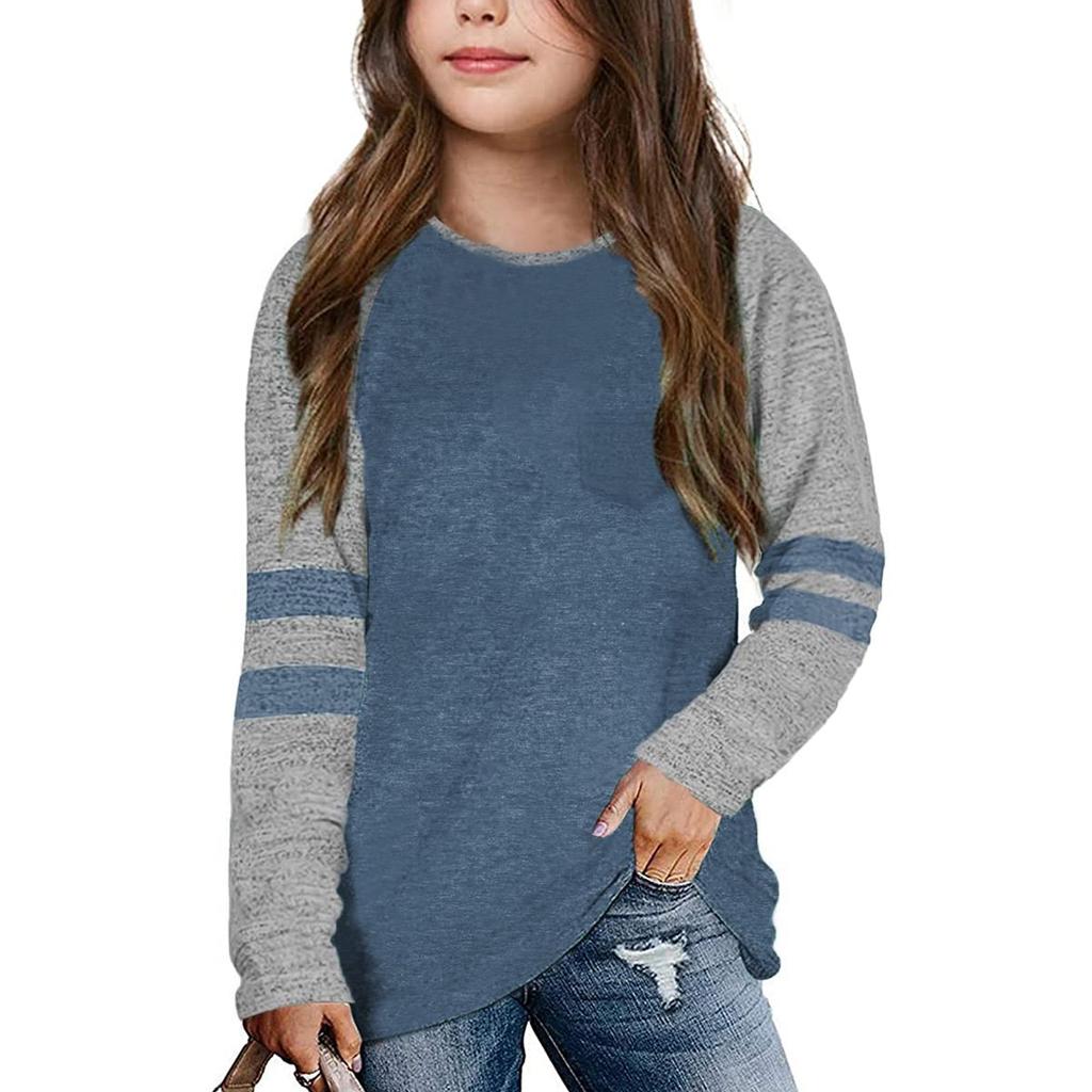 Flicktröjor För 4-15 År Långärmade Raglan Toppar med Rund Hals och Ficka