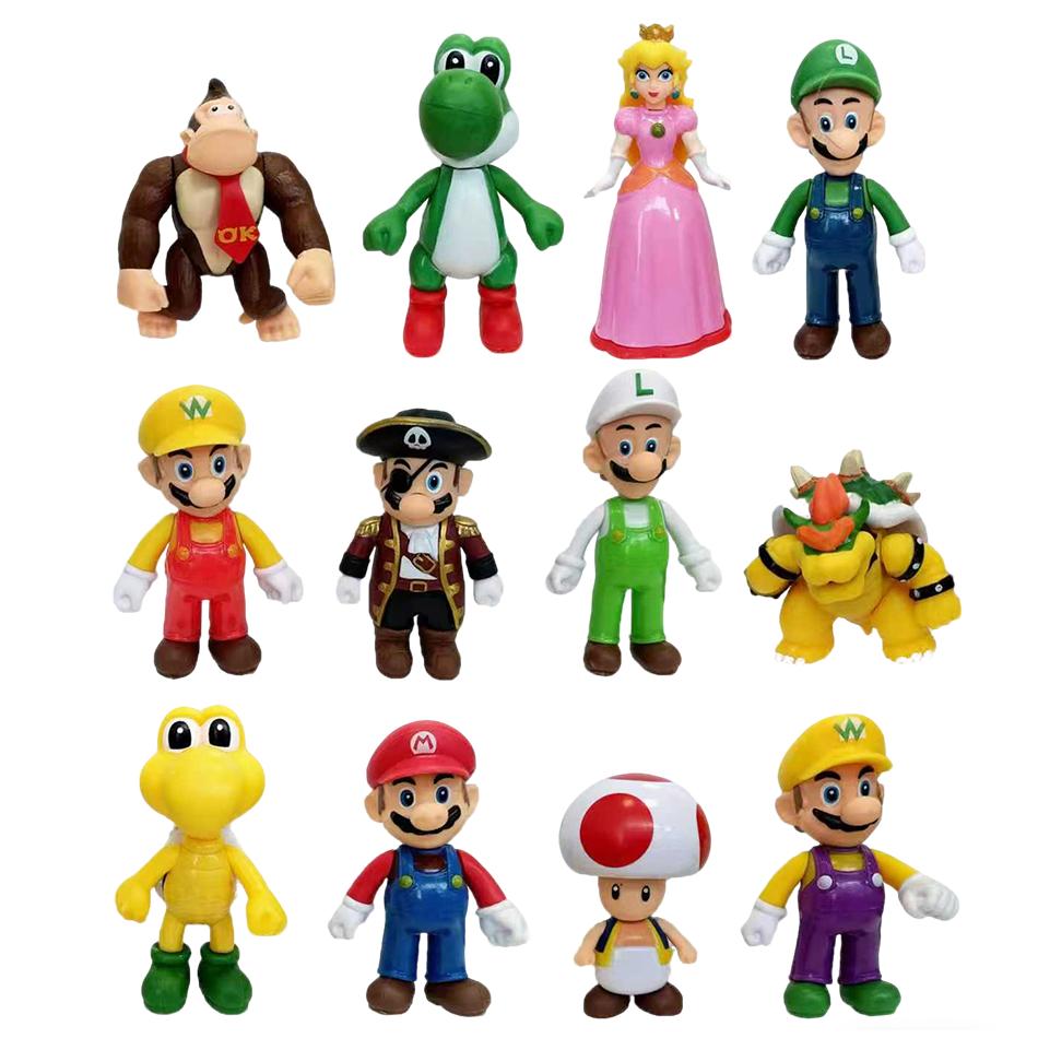 

12pcs/set Super Mario Bros PVC Action Figure Playthings Dolls Model Collection Luigi Yoshi Donkey Kong Mushroom Designed For children Birth Date Gifts