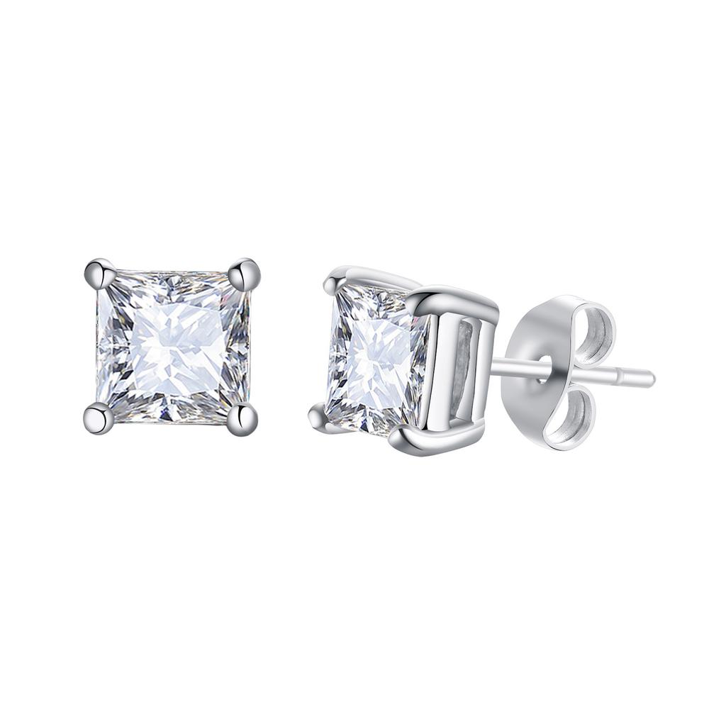 Mens Earrings, Square CZ Stud Earring, Princess Cut Earrings,Stainless Steel Butterfly Push Back Earrings,Man Jewelry