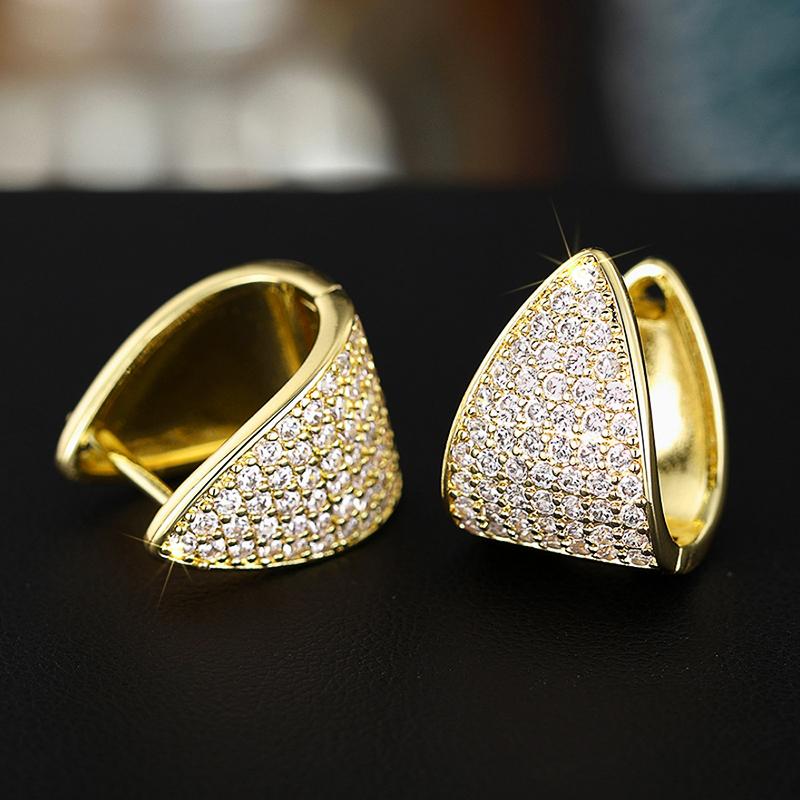 Huitan Modern Fashion Triangle Shape Hoop Earrings for Women Dazzling CZ Gold Color Statement Geometric Earrings Wedding Jewelry