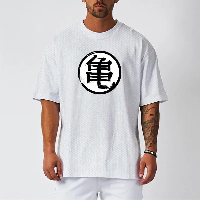 Muscleguys Japanese Turtle Script Printed Oversized Quick Dry Mesh Running T-shirts Men Half Sleeve Loose T Shirts Streetwear Hip Hop Shirt