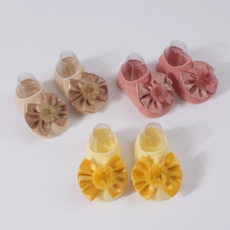 Baby Girl Princess Socks With Headband, Plush Bowknot Children's Socks Solid Color Kids Socks