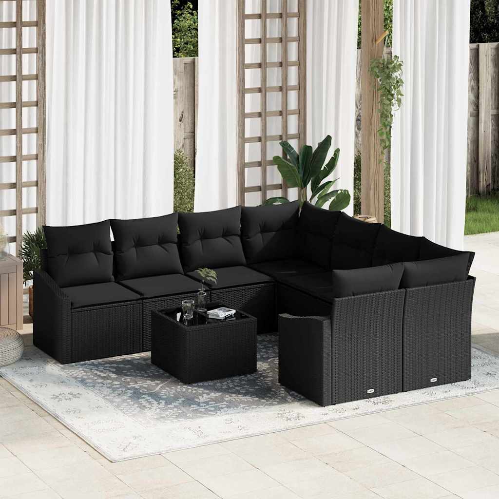 9 Piece Sofa Set with Cushions and Storage Black Poly Rattan