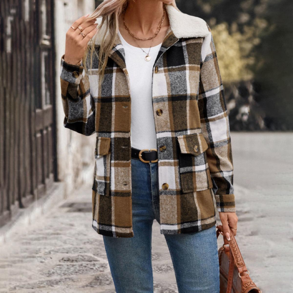 

2025 Women s Autumn Winter Vintage Plaid Coat with Fleece Lined Collar - Cross-border Office Casual Versatile Outerwear for Europe America S хаки