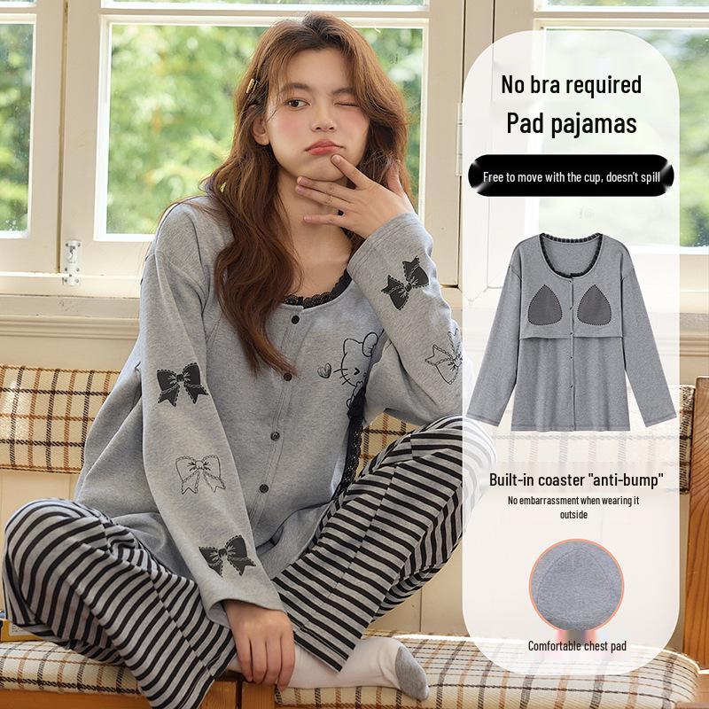 Women's Long-Sleeve One-Piece Pajamas with Built-in Bra Pad, Wearable Outside, Cute Round Neck Home Wear Set for Spring and Autumn