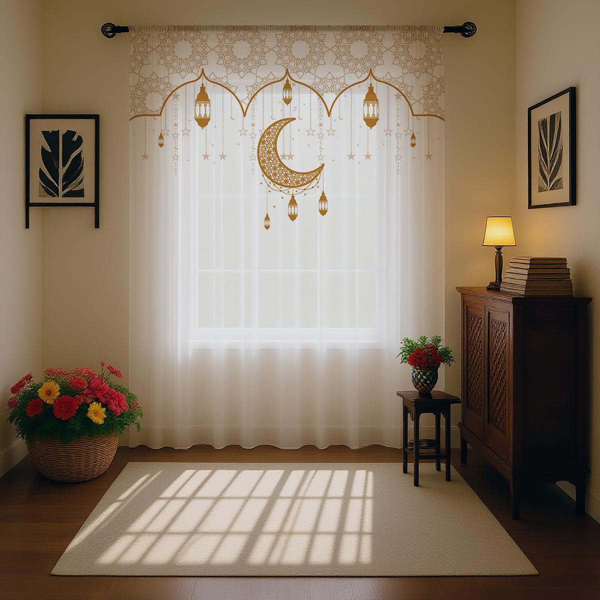 

1PC Gilded Moon Dome Sheer Curtain - Elegant Ramadan Pole-Mounted Curtain Festive Atmosphere Decorative Sheer Curtain 100*130 Rod Pocket 1pcs