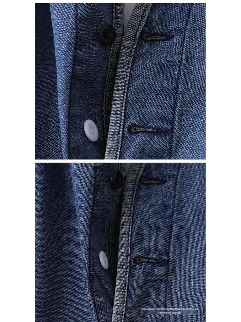 Men's Trendy Japanese Retro Washed Cotton Denim Jacket - Collarless Workwear Style