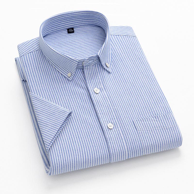 Men's Summer Striped Short-Sleeve Cotton Shirt with Turn-Down Collar