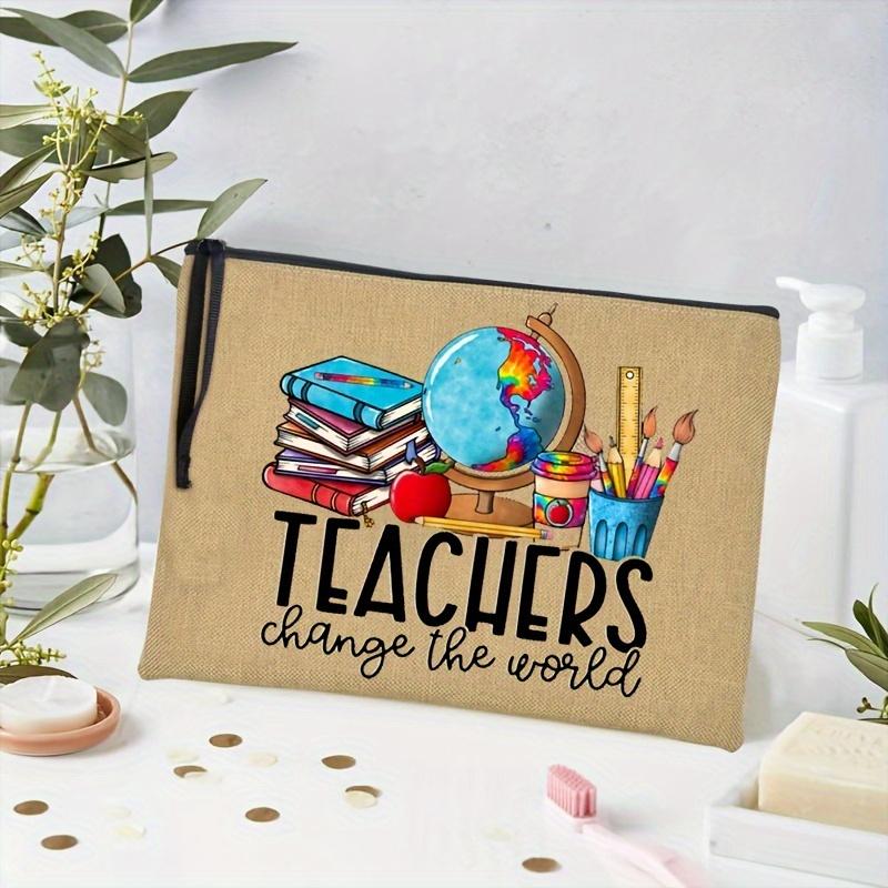1pc "Teacher Change The World" Printed Cosmetic Bag, Women Travel Makeup Storage Bag, Back To School Teacher Gift