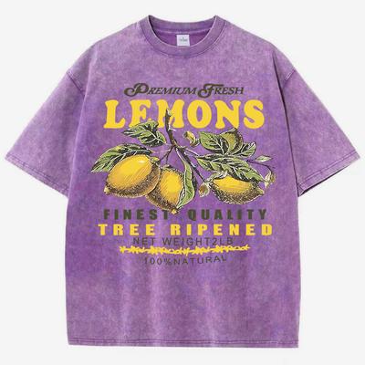 Zitronen Fruchtprint Damen Gewaschene T-Shirts Y2K Bequem Kurzarm Locker All-Match T-Shirt Baumwolle Hip Hop Top