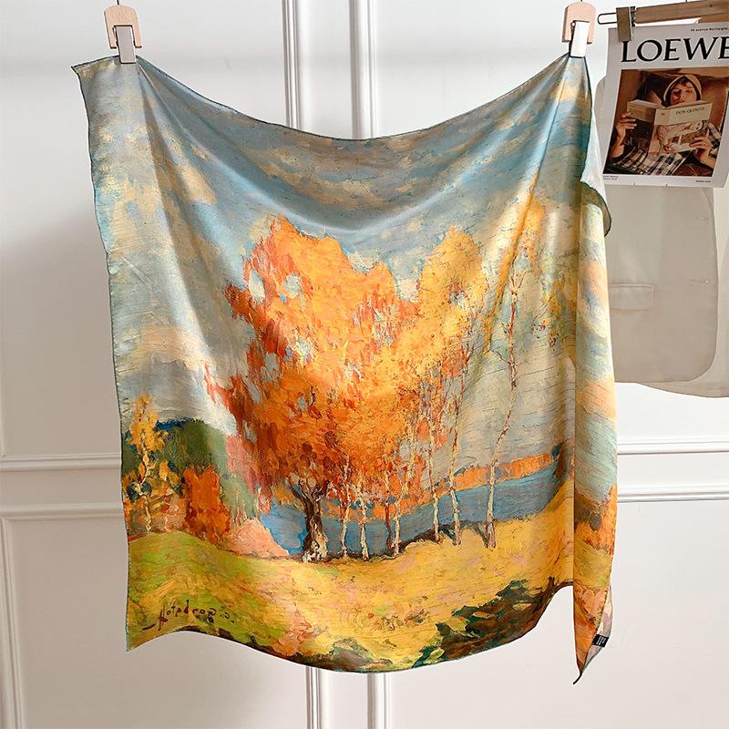 Spring Elegant Double-sided Birch Forest Silk Scarf 110cm Mulberry Silk Square Scarf, Silk Decorative Scarf Shawl