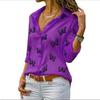 Plus Size Women Solid Color Chiffon Blouse Long Sleeve Butterfly Print Button Up Turn Down Collar Tops