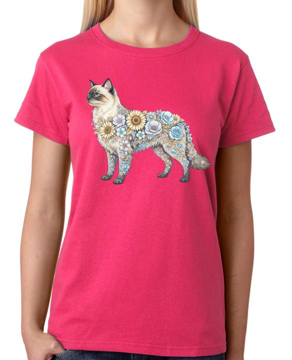 Floral Ragdoll Cat Artwork Ladies T-Shirt Cute Feline Art Tee S