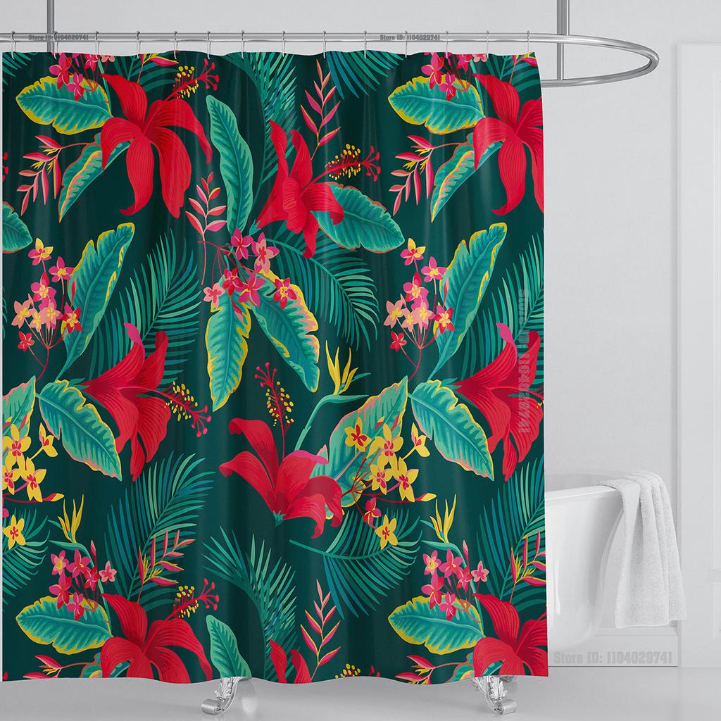 Bohemian Shower Curtain Tropical Jungle Wildlife Bathroom Set Modern Pink Aesthetic Parrot Floral Bathroom Curtain With Hooks