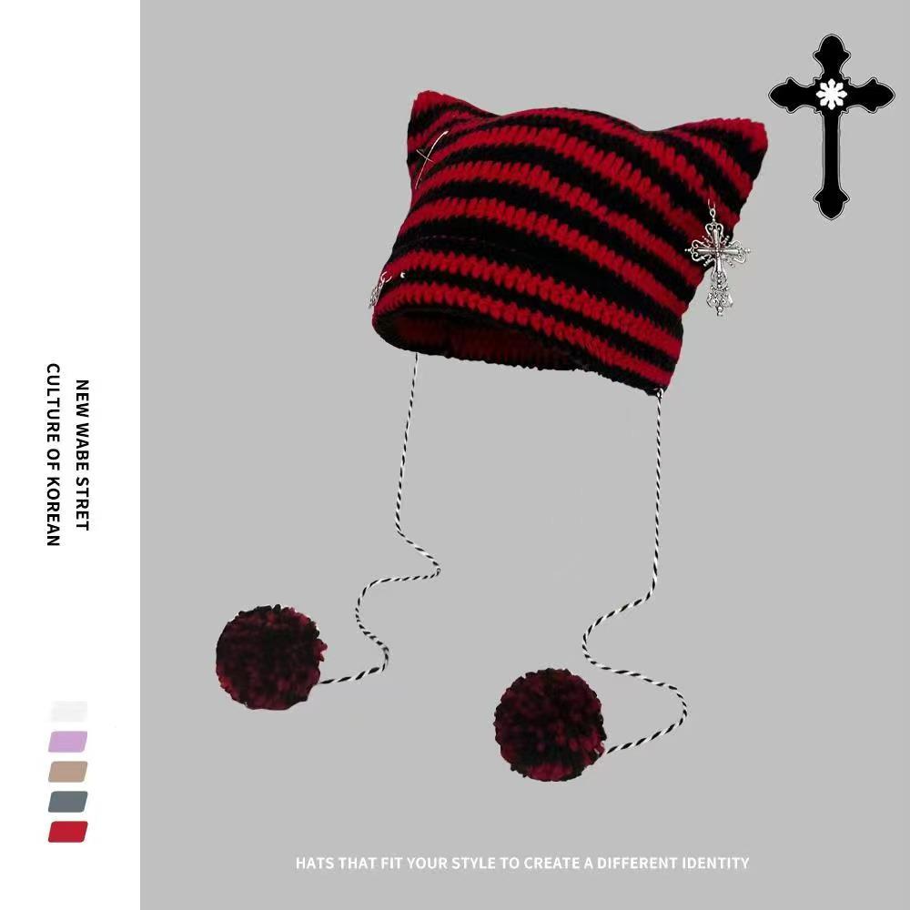 Korean Style Knitted Kitten Ears Beanie - Striped, Warm, Unisex Wool Hat for Students