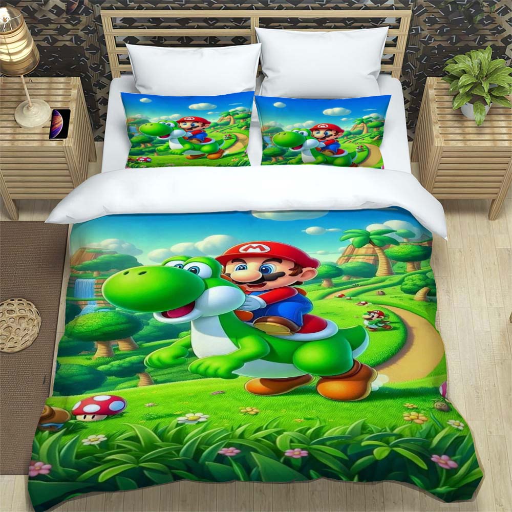 Comfortable Bedding Set, 3D Cartoon Mario Three-piece Set, Including Duvet Cover and Pillowcases.