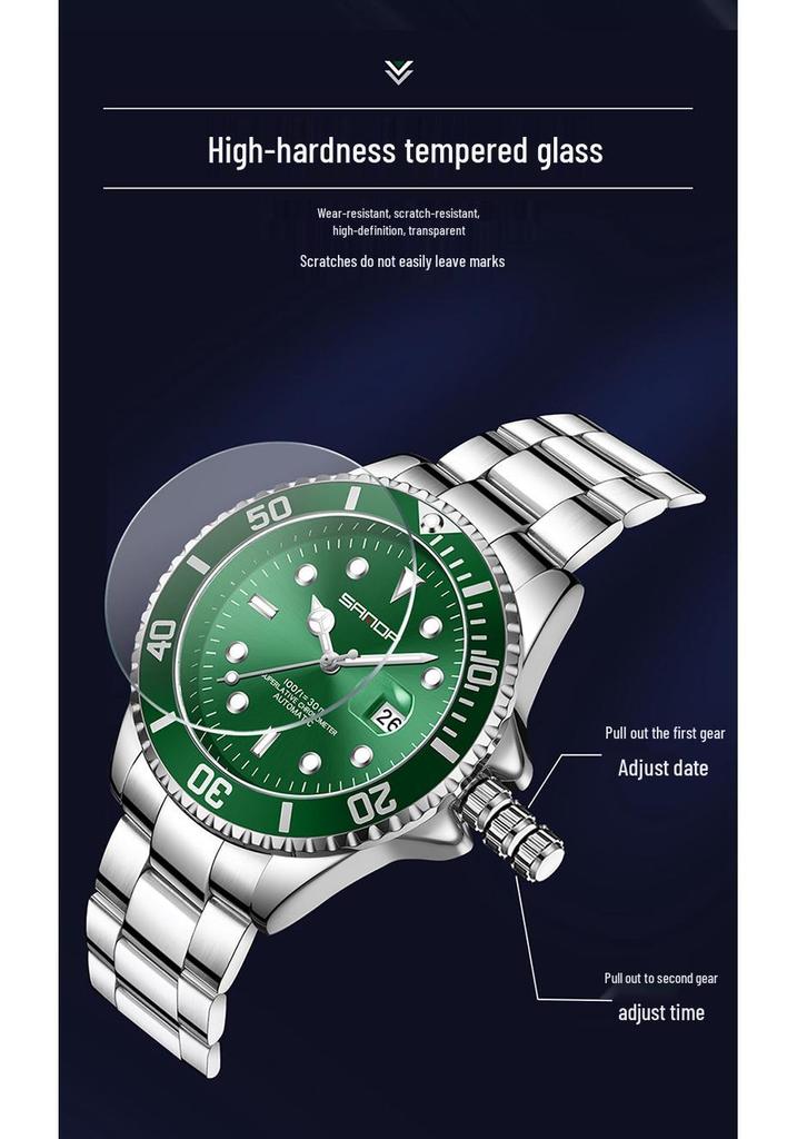 Sanda 7036 Men's Green Water Ghost Automatic Waterproof Steel Wristwatch