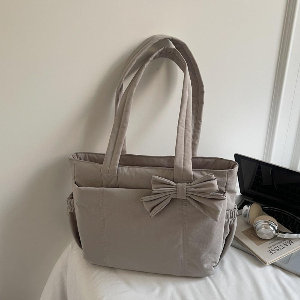 Large Capacity Cotton Padded Shoulder Bag Solid Color Nylon Handbag Bow Tote Bag  Travel Bag