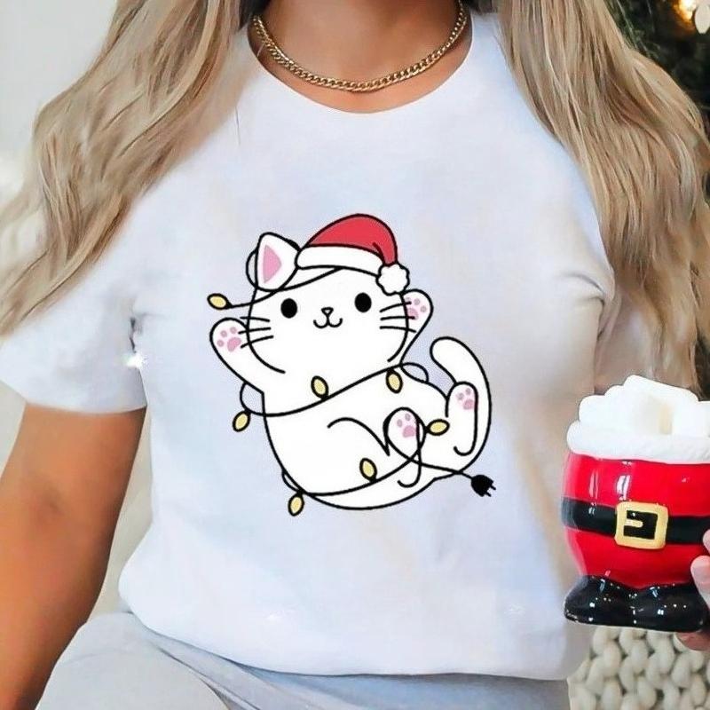 Funny Christmas Cat Printed T-Shirt Women Summer Fashion Tshirt Christmas Party Casual Fashion Tee Shirt Short Sleeve Tops