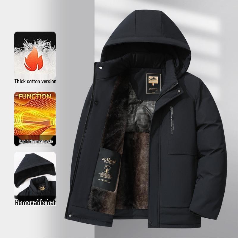 Men's Business Casual Hooded Winter Jacket - Thick Padded Cotton Outerwear for Middle-Aged and Elderly Warmth and Style.