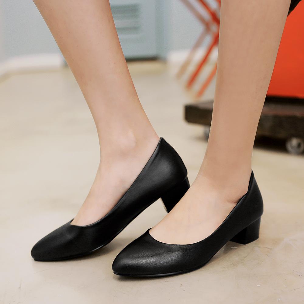 Spring Women Pumps High Quality Low-heel Women Shoes Comfortable Office Pointed Toe Slip-on Ladies Chunky Heels Pumps 32-48
