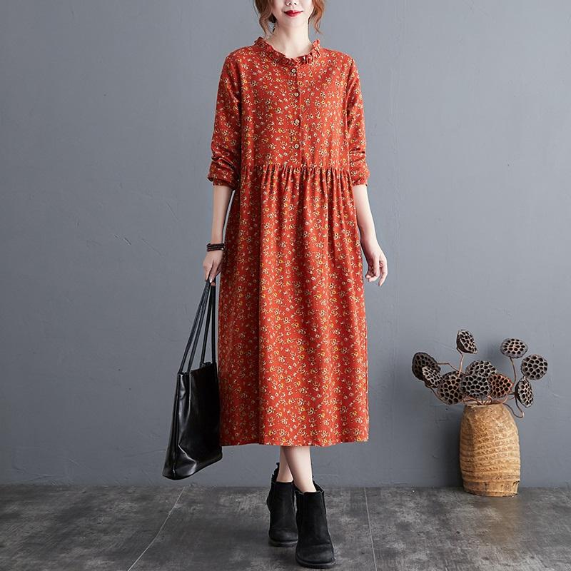 Long Sleeve Cotton Linen Ruffle Vintage Floral Dresses for Women Casual Loose Spring Autumn Dress Elegant Clothing