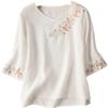 Women's Cotton Linen Embroidered Retro Shirt, Seven-Sleeve with Frog Button, Loose Plus Size Summer Top