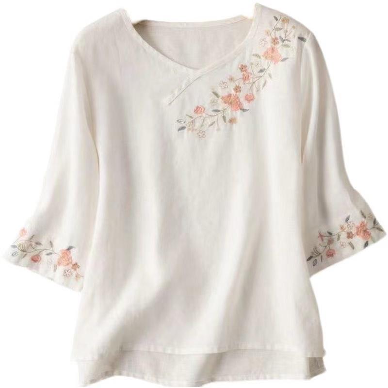 Women's Cotton Linen Embroidered Retro Shirt, Seven-Sleeve with Frog Button, Loose Plus Size Summer Top